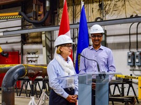 The Government of Canada announced $25.45 million in funding for the Alberta No. 1 geothermal energy project on Friday, August 23, 2019. In photo: Dr. Catherine Hickson, CEO of Alberta No. 1 and Chief Geologist at Terrapin, and former Minister of Natural Resources, Amarjeet Sohi.