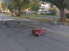 This photo provided by Sarnia police shows the scene of a single-vehicle crash Thursday, Oct. 8, 2020 on Lansdowne Avenue. (Sarnia police)