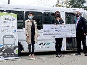 The Tillsonburg Multi-Service Centre, through a food security grant from Ontario Community Support Association, is supporting transit services for seniors and adults with disabilities through a contribution to Ride Norfolk and T:GO Transportation. From left are Norfolk Mayor Kristal Chopp, Kathryn Leatherland, Executive Director of the MSC, and Tillsonburg Mayor Stephen Molnar at a cheque presenation last Thursday. (Chris Abbott/Postmedia Network)