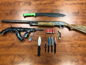 The firearms and weapons recovered by Manitoba First Nations Police Service Officers. (supplied Photo)