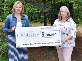 Monique Yashinskie, executive director of the Robbie Dean Family Counselling Centre, accepted a cheque for $19,000 from Debbie Ryan (right), executive administrator/community liaison for the Pembroke Petawawa District Community Foundation in June during the first round of funding to assist organization in their response to COVID-19.