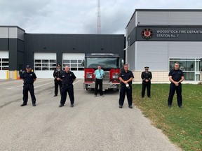 The Woodstock Fire Department recently honoured 21 members of the fire department marking service milestones. Pictured, from left: Brad Cullen marking 10 years, Lieutenant Rob Jeanson marking 25 years, Mike Stewart marking 15 years and Chuck Newton marking 15 years. The fire department members were joined by Coun. Mark Schadenberg, chief Jeff Slager and deputy chief Trevor Shea.  (Woodstock Fire Department)