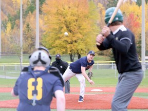 Ben McLaughlin of the Bishop Alexander Carter Golden Gators delivers a pitch during SDSSAA baseball action against the Confederation Chargers at Terry Fox Sports Complex in Sudbury, Ontario on Wednesday, October 14, 2020.