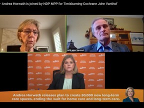 North Bay resident Ann McIntyre was joined by NDP leader Andrea Horwath and Temiskaming-Cochrane MPP John Vanthof in a Zoom press conference Thursday to discuss the issues surrounding long-term care.