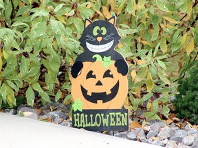 A decoration depicts a cat celebrating Halloween. The Town of Stony Plain recently launched a scavenger hunt for those looking to mark the season safely.