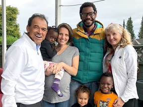 From left, Wallace's stepfather James, her child Eva-Marie, Sarah Wallace herself, her husband Jean-Pierre, Wallace's mother Trish Bailey-Varnam and children Jean-Jacques and Jean-Moise. The former Devon resident is now back safely in Canada after the Reporter/Examiner and Devon Dispatch chronicled her battle to get past COVID-19 restrictions in order to come home and have her next baby.