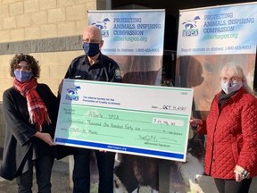 Jean Henderson made a massive $17,146 donation to the Alberta SPCA on Wednesday, Oct. 14 after making nearly 4,000 facemaks, which she offered for a $5 donation. Photo Supplied