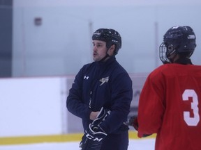Grande Peace Athletic Club U18 AA Storm head coach Myles Girard during practice at the Crosslink County Sportsplex earlier this month. The rookie head coach will get his first taste, as the official head coach, of Northern Alberta Hockey League play on Nov. 7 when the club open the season in Fort McMurray against the Barons.