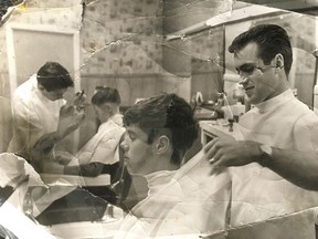 Barber Mike Jeffrey (right) and Ray Ducharme (left) cutting hair circa late 1960s.