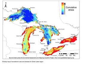 An image from GLEAM's study on stress areas of the Great Lakes as a result of climate change and human interference. Submitted