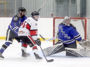 County of Grande Prairie Kings goaltender Wyatt Fournier in North West Junior Hockey League action against the Sexsmith Vipers. Fournier stopped 23 shots for the victory, an 11-0 win over the Vipers at the Crosslink County Sportsplex on Friday night.