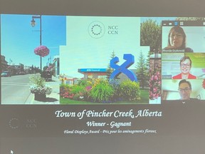 Rhonda Oczkowski accepts the Best Floral Display Award on behalf of Pincher Creek Communities in Bloom during the virtual conference on October 8.