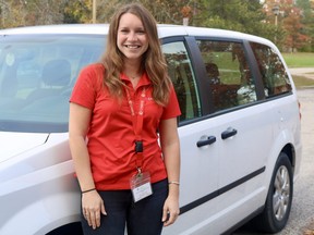 The Community Addiction and Mental Health Services of Haldimand and Norfolk Addiction Mobile Outreach Team will be on the move on Saturdays, with upcoming events in Simcoe and Dunnville. Jacqueline Boniface, an outreach counselor on the team, shows off the red shirt and white van to be on the lookout for. (ASHLEY TAYLOR)