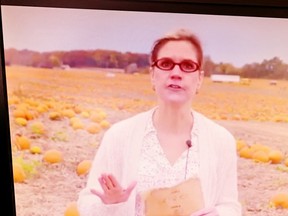 A character named  Frances Folk shares the tale of Peter Peter Pumpkin Treater in a video shot by a Toronto production company on the weekend at a large acreage of pumpkins at Scotlynn Group in the Vittoria area. – Monte Sonnenberg