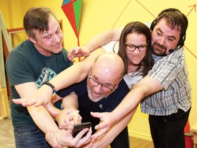 Erik Shaw, Kevin Oates, Christine Baribeau and Steven Reinhardus rehearse a scene from Theatre Kent’s production of Nooses Off, which ran in 2018. (Handout/Postmedia Network)