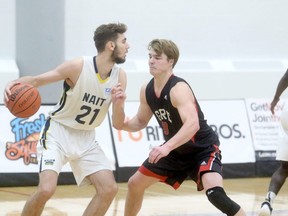 GPRC Wolves forward Darian Goertzen (right) in Alberta Colleges Athletic Conference action against the NAIT Ooks at the GPRC gym back in December. The ACAC postponed itsdecision to cancel the winter sports schedule, the league still working towards providing a season for all its winter sports athletes.
