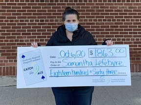 Samantha Lefebvre was the lucky winner of the week number 12 weekly pot of $1,863 in the Pembroke Regional Hospital Foundation's Catch the Ace progressive jackpot raffle. Submitted photo