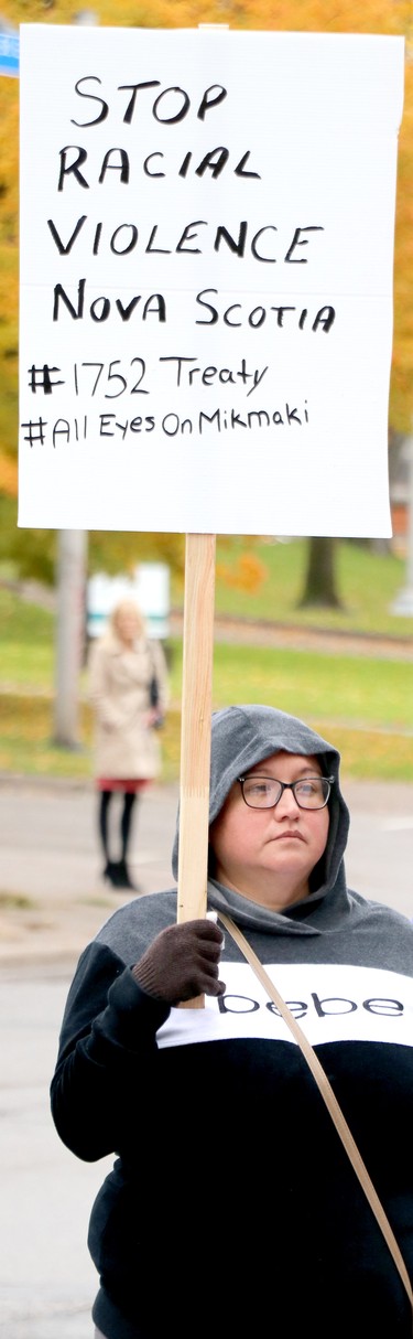 Demonstrators rally in support of Mi'kmaq fishermen in downtown Sault Ste. Marie, Ont., on Wednesday, Oct. 21, 2020. (BRIAN KELLY/THE SAULT STAR/POSTMEDIA NETWORK)