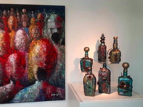 Alvaro Arce, who has lived in Sherwood Park since 2013, submitted two pieces, a painting titled "The Long Pause" and some steampunk bottles, for the Making Art in the Age of the Coronavirus window exhibit at Gallery@501. Photo Supplied