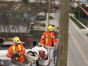 A Bluewater Power line crew is shown at work in this photo post recently to its Twitter account.