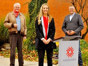 The Ford government announced $818,000 in funding Thursday to train 50 graduates in the area of food and beverage preparation in long-term care facilities. The e-learning initiative will be co-ordinated in south-central Ontario by the James N. Allan campus of Fanshawe College in Simcoe. Among those on hand for Thursday’s announcement were, from left, Haldimand-Norfolk MPP Toby Barrett, Fanshawe Simcoe’s manager of continuing education and training Krista Zilkey, and Brantford-Brant MPP Will Bouma. – Monte Sonnenberg