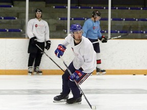 Rayside-Balfour Canadians defenceman Avery Chisholm (6) takes part in a drill during a practice at Chelmsford Arena in Chelmsford, Ontario on Friday, October 16, 2020.