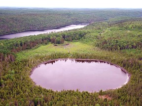 A drone image of Paradis Pond and Cross Lake Fault, one of the sites where RJK Explorations is searching for diamonds in the Cobalt area.RJK Exploration Photo