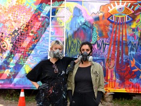 Stratford artists Claire Scott and Amparo Villalobos were recently commissioned to a paint a mural on a shipping container in the parking lot at Revival House in downtown Stratford by the Stratford City Centre BIA in an effort to bring more colour and public art to the city. (Galen Simmons/The Beacon Herald)