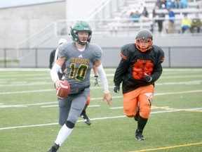 St Joe’s Celtics quarterback Cade Labrecque in football action against the Grande Prairie Composite Warriors last October at CKC Field. The Celts finished off the preseason with a decisive win over the Peace River Prospectors, Labrecque throwing two touchdowns in the Friday night’s win at CKC Field.