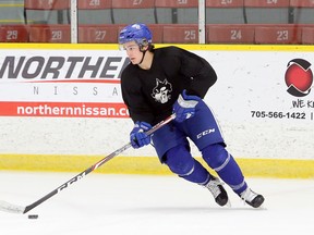 Chase Stillman takes part in a drill during a practice session at Garson Arena in Garson, Ontario on Tuesday, October 27, 2020. Ben Leeson/The Sudbury Star/Postmedia Network