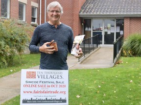 Gord Potts, an organizer of the Simcoe Fair Trade Sale (formerly Ten Thousand Villages Sale), stands in front of First Baptist Church in Simcoe. While this year's sale is online, items are to be picked up at the Young Street church once they have arrived. Ashley Taylor/Postmedia Network