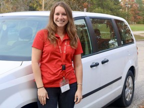 The Community Addiction and Mental Health Services of Haldimand and Norfolk Addiction Mobile Outreach Team will be on the move on Saturdays, with upcoming events in Simcoe and Dunnville. Jacqueline Boniface, an outreach counselor on the team, shows off the red shirt and white van to be on the lookout for. Ashley Taylor/Postmedia Network