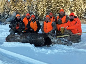 Jeff Gustafson and his hunting group with a moose they harvested in 2019. They look forward to an annual trip each December.