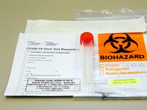 A COVID-19 testing kit rests on a countertop in the medical microbiology laboratory of Belleville General Hospital. The lab is now testing symptomatic long-term care workers in Hastings and Prince Edward Counties.