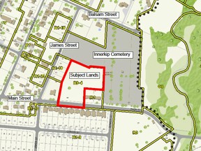 A new condominium subdivision in Innerkip was given exemption from draft plan approval by Oxford County council. The subdivision Ð designed by Majestic Homes Ltd. Ð will add 25 townhouses, water and wastewater facilities and stormwater management to the 1.3-hectare (3.3 acres) site. (Handout)