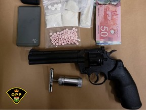 Grenville County OPP distributed this photo of items seized during a bust in Prescott on Tuesday, Oct. 27.
OPP photo