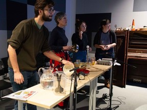 Dean Haydon, Laura Cameron, Mariah Horner and Sarah Entage take part in a foley (sound effects) workshop in December in anticipation of the Shortwave Radio Theatre Festival, which starts Nov. 1 on radio station CFRC. (Steph Nijhuis/Supplied Photo)