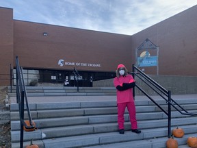 West Ferris Intermediate and Secondary School principal Andy Gagne initially agreed to wear a pink shirt if students raised $1,500 for four-year-old Alisynn Louiseize who is in Toronto undergoing rehabilitation after a brain tumour was detected. West Ferris students ended up raising more than $2,500. Gagne, who only wears black, agreed to wear a pink shirt, pants, hat and mitts.