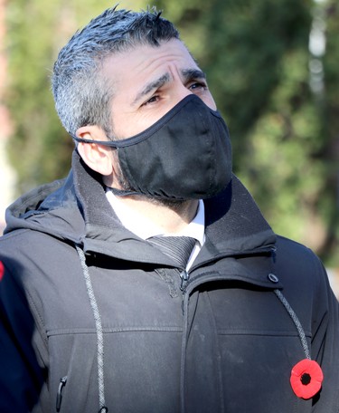 MPP Ross Romano attends launch of Royal Canadian Legion Branch 25 poppy campaign at cenotaph on Queen Street East in Sault Ste. Marie, Ont., on Friday, Oct. 30, 2020. (BRIAN KELLY/THE SAULT STAR/POSTMEDIA NETWORK)