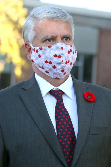 MP Terry Sheehan attends launch of Royal Canadian Legion Branch 25 poppy campaign at cenotaph on Queen Street East in Sault Ste. Marie, Ont., on Friday, Oct. 30, 2020. (BRIAN KELLY/THE SAULT STAR/POSTMEDIA NETWORK)