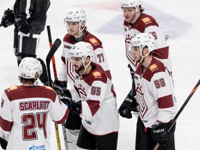 Sudbury Wolves graduate David Levin (55) celebrates a goal with Dinamo Riga in KHL action on Friday, October 30, 2020. Levin is playing for Riga on a tryout contract.