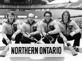 Russ Tate, Bob Miller, Wayne Leavoy and George Medakovic pose for a photo as members of Team Northern Ontario in 1977.
