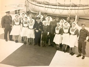 Lieut-Colonel Taylor (centre right) with officers and Nursing Sisters of HMCS Lady Nelson. Courtesy of Taylor Lambert.