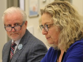 Andrew Williams (left), president and CEO of the Huron Perth Healthcare Alliance, and Dr. Miriam Klassen, Huron Perth Medical Officer of Health, announce the first confirmed COVID-19 case in Perth County on March 14. Cory Smith/Postmedia Network