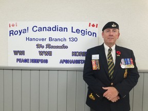 Dan Haverson, the current president of the Hanover Legion, as well as a retired Army Sargeant Major, with 32 years of service. Unfortunately, residents are being discouraged from attending cenotaph services this year due to the ongoing COVID-19 pandemic. KEITH DEMPSEY