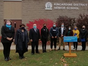 Huron-Bruce MPP Lisa Thompson announced the provincial government is investing $26.4 million in a new senior school for over 880 students in Kincardine on Thursday, October 29. L-R: Chrystel Murphy (home and school rep), Anne Eadie (mayor of Kincardine),Mark Ozorio (principal KDSS), Jan Johnstone (chair BWDSB), Chandra Tripathi (chair of the KDSS school council) Jordan Beisel (KDSS student council), Lili Hawco (student senator), Lisa Thompson (MPP, Huron-Bruce), Lori Wilder (director of education, BWDSB), Mitch Twolan (warden of Bruce County), John Peevers (Bruce Power director of communications, media relations and economic development), Wendy Kolohon (superintendent of education) Hannah MacLeod/Kincardine News