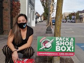 Alana Rozon, of Bar Down Kincardine, is organizing the Operation Christmas Child program out of her downtown business for the second year in a row. Boxes are available any time at the exit door, and are due Nov. 14. Hannah MacLeod/Kincardine News