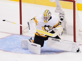 Matt Murray of the Pittsburgh Penguins defends the net against the Montreal Canadiens in Game Three of the Eastern Conference Qualification Round prior to the 2020 NHL Stanley Cup Playoffs at Scotiabank Arena on August 5, 2020 in Toronto, Ontario.