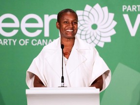 This handout photo released by the Green Party of Canada shows Annamie Paul delivering her victory speech after being elected the new leader of the party in Ottawa on October 3, 2020. - (Photo by -/Green Party of Canada/AFP via Getty Images)