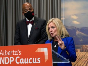 Alberta NDP leader Rachel Notley (right) and health critic David Shepherd (left) criticize the Alberta UCP government's plan to revise the province's public health care system on Tuesday October 13, 2020.